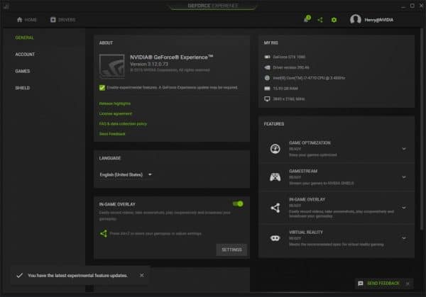 Actualización de controladores en Windows 10 - GeForce Experience de NVIDIA