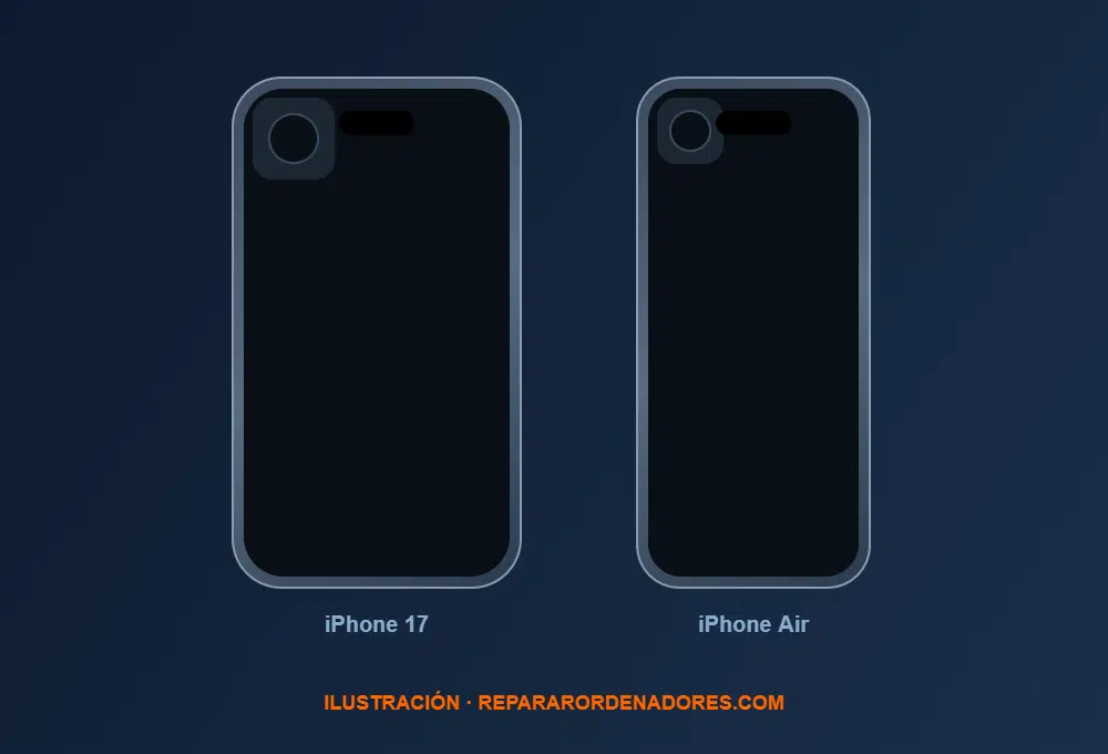 iPhone 17 e iPhone Air Ilustración de un iPhone 17 y un iPhone Air, los modelos afectados por el fallo de batería de iOS 26.5