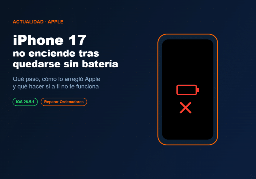iPhone 17 no enciende tras quedarse sin batería - icono de batería agotada en pantalla negra