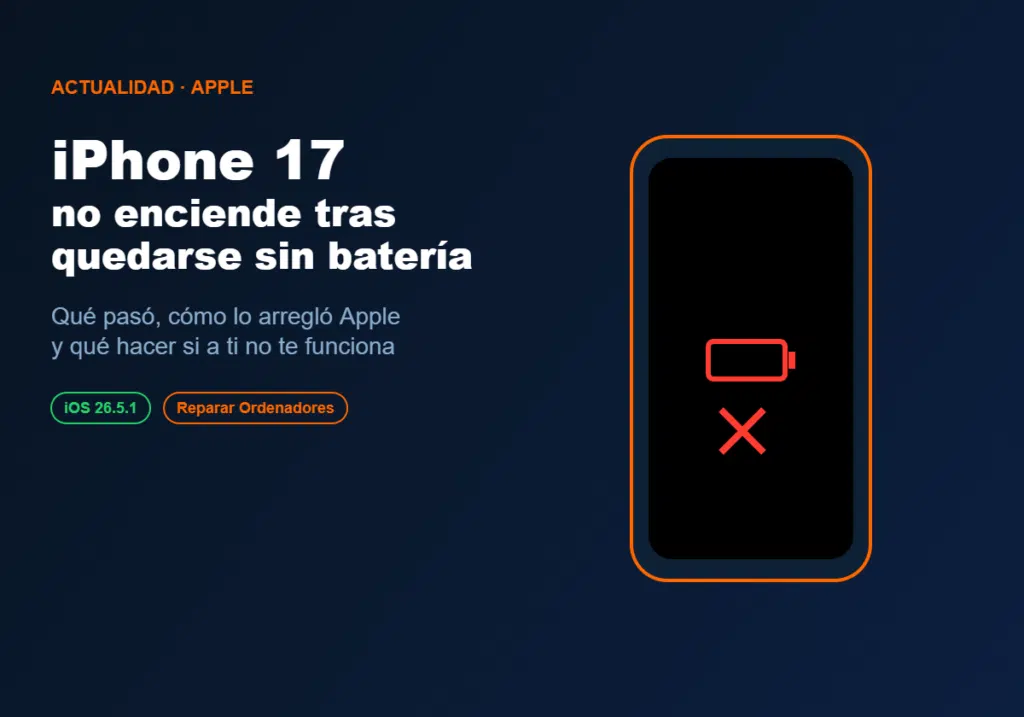 iPhone 17 no enciende tras quedarse sin batería - icono de batería agotada en pantalla negra