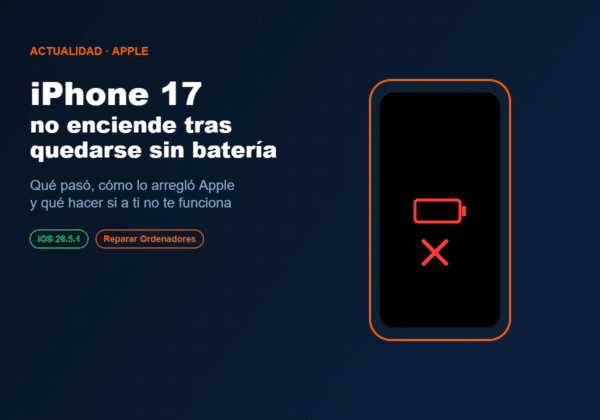 iPhone 17 no enciende tras quedarse sin batería - icono de batería agotada en pantalla negra