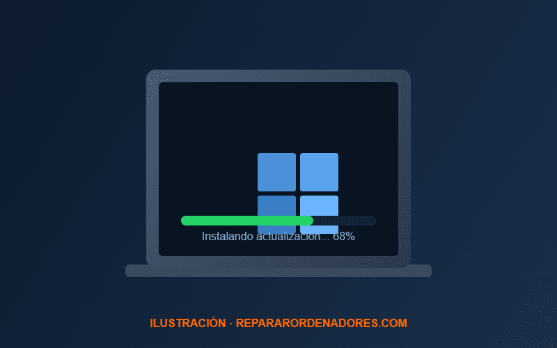Ilustración de un portátil con Windows 11 instalando la actualización KB5121003