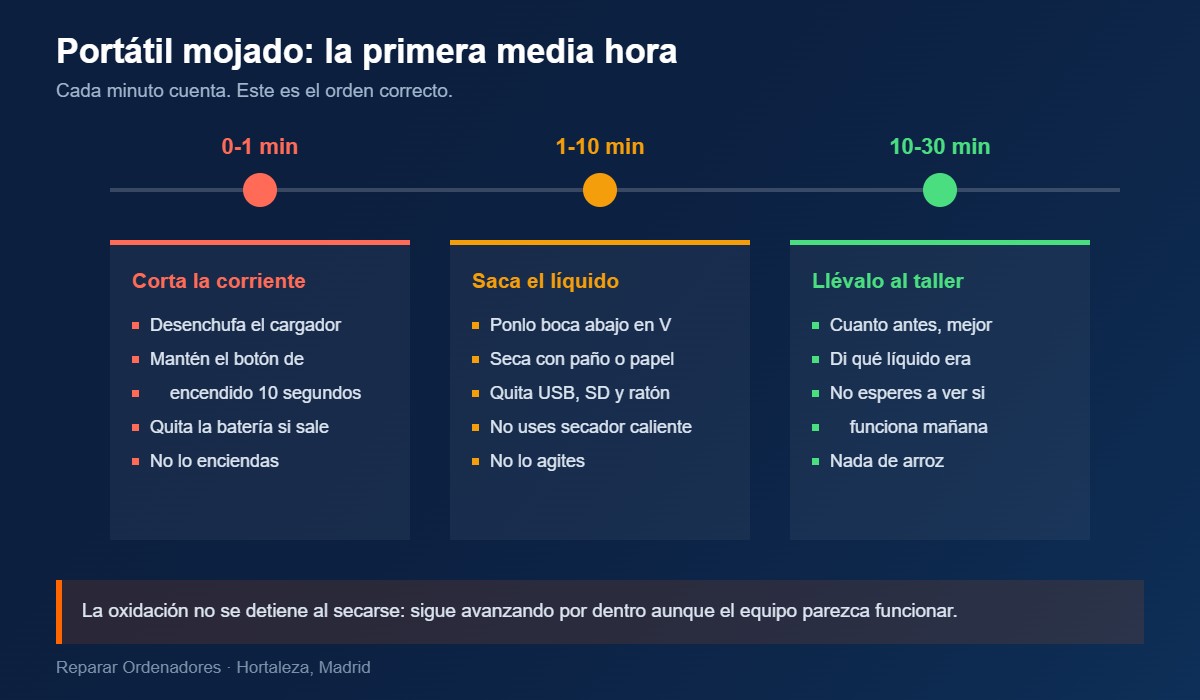 Línea de tiempo con los pasos a seguir en los primeros 30 minutos tras mojar un portátil