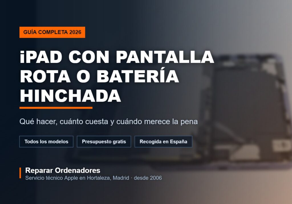 iPad abierto en el taller durante un cambio de pantalla, con el título de la guía de reparación