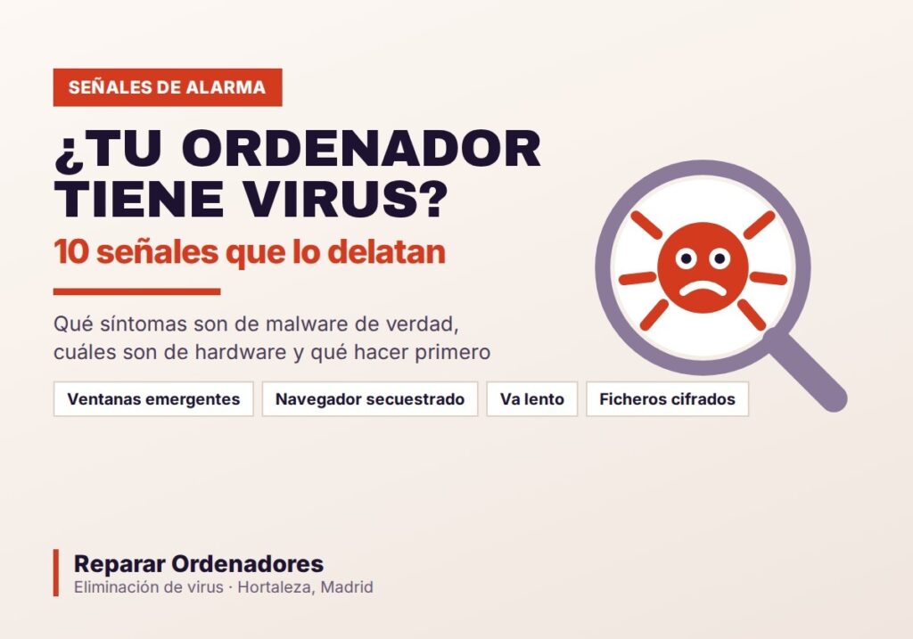 Lupa examinando un virus informático: señales de malware en el ordenador