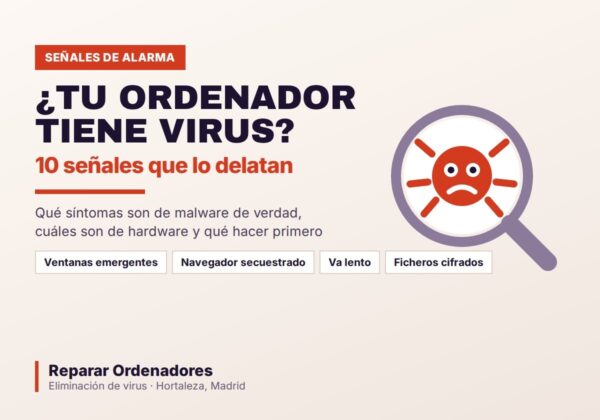 Lupa examinando un virus informático: señales de malware en el ordenador
