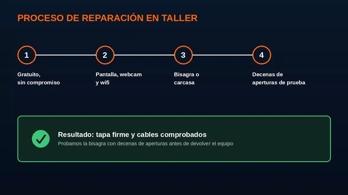 Se me cae la pantalla del portátil sola: por qué se rompen las bisagras (y cómo te lo arreglamos) 2 Técnico revisando la bisagra y los cables internos de un portátil