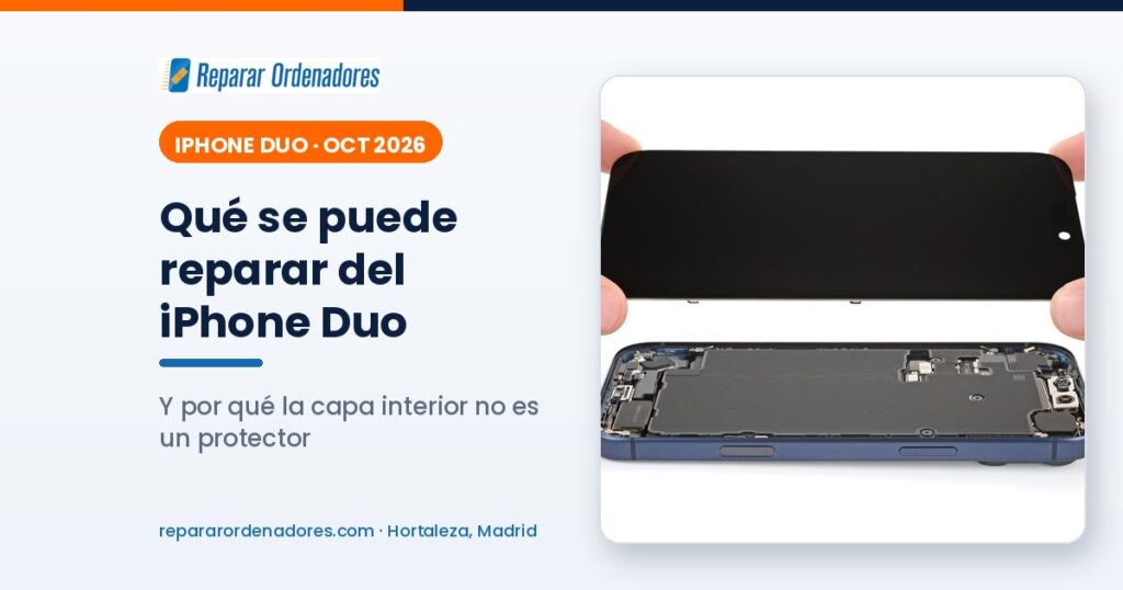 Reparar el iPhone Duo plegable en Madrid: pantalla interior, bisagra y capa nanotexturizada