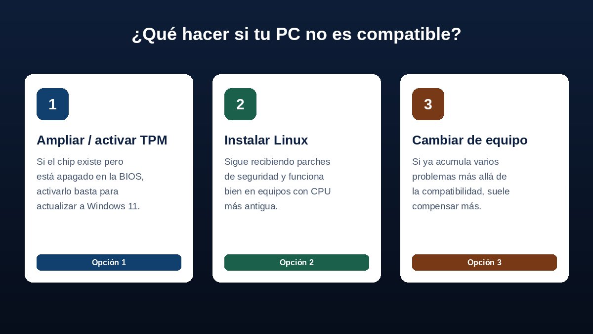 Un año sin soporte de Windows 10: qué hacer con tu PC en octubre de 2026 2 Comparativa visual entre actualizar a Windows 11, instalar Linux o cambiar de PC
