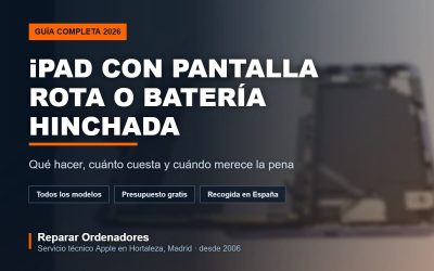iPad abierto en el taller durante un cambio de pantalla, con el título de la guía de reparación