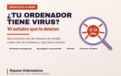 Lupa examinando un virus informático: señales de malware en el ordenador